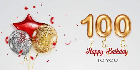Fototapeta na wymiar Festive birthday illustration with colored helium balloons, big number 100 golden foil balloon, flying shiny pieces of serpentine and inscription Happy Birthday on white background
