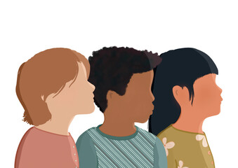 Illustration of children's faces from differents cultural origins. Concept of inclusion.  Fight against discrimination