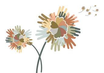 Illustration with coloured hands and hearts representing a flower. Concept of peace and unity. Inclusion poster. Isolated image