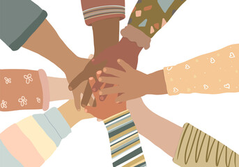  Fight against discrimination. Hands of children from different cultural backgrounds. Concept equality and inclusion.