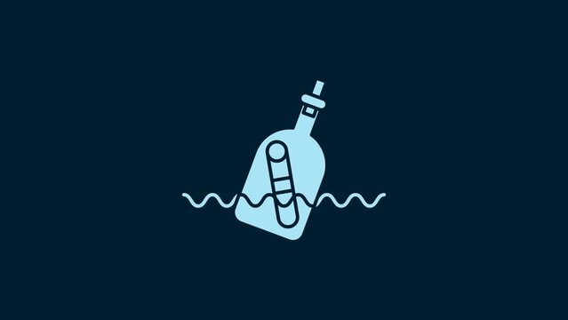 White Glass bottle with a message in water icon isolated on blue background. Letter in the bottle. Pirates symbol. 4K Video motion graphic animation