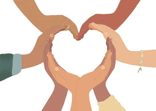 Respect and tolerance poster. Hands of children from different cultural backgrounds. Concept equality and inclusion. Classroom decor. Illustration hand made.