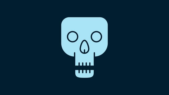 White Skull icon isolated on blue background. Happy Halloween party. 4K Video motion graphic animation