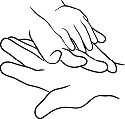 Line drawing holding baby hands - continuous line art, small children, holding father, mother hand, finger, holding adult hand and finger