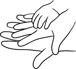 Line drawing holding baby hands - continuous line art, small children, holding father, mother hand, finger, holding adult hand and finger