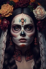 Dia de los muertos, Mexican holiday of the dead and halloween. Woman with sugar skull make up and flowers. This image is generated with generative AI
