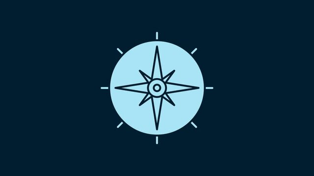 White Wind rose icon isolated on blue background. Compass icon for travel. Navigation design. 4K Video motion graphic animation