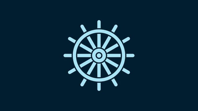 White Ship steering wheel icon isolated on blue background. 4K Video motion graphic animation