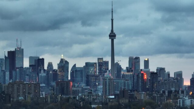 Aerial cinematic downtown Toronto CN Tower lakeshore monring 1
