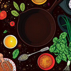 Frying pan on the table, seasonings and vegetables, cooking, cooking, kitchen