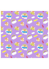 Fototapeta na wymiar Seamless pattern background of teddy bear with wings and candies on rainbow sky