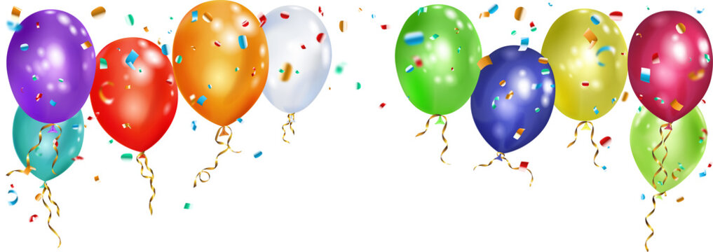 Fototapeta Colored helium balloons with flying shiny pieces of serpentine