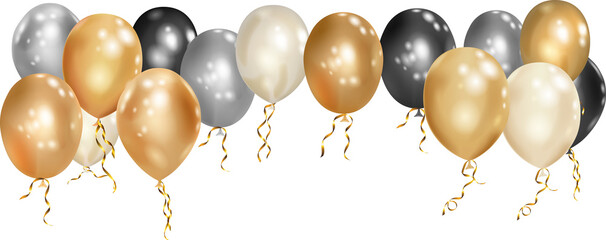 Illustration with white, black and gold helium flying balloons