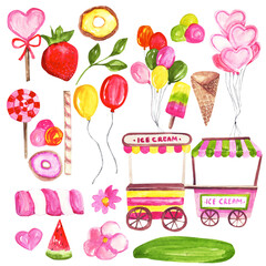 Watercolor summer set of ice cream, sweets, wagon, summer holiday