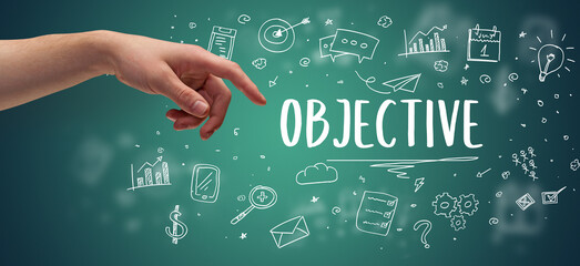 Close-Up of cropped hand pointing at business inscription