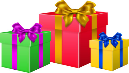 Festive illustration with several colored gift boxes with ribbons and bows