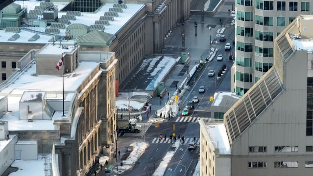 Aerial cinematic downtown Toronto TD BMO Financial district 2