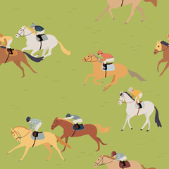 Horse racing, horse jockeys galloping on green grass, seamless vector pattern