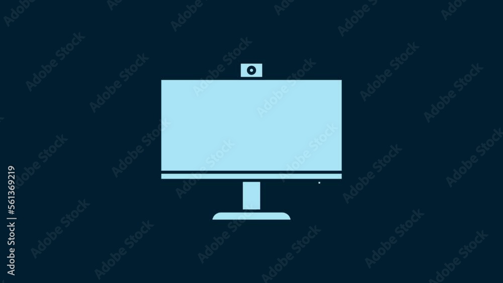 Poster white computer monitor icon isolated on blue background. pc component sign. 4k video motion graphic 