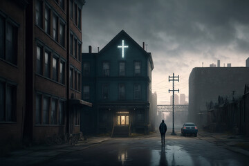 a mysterious figure in a gloomy city goes to the crucifixion, the concept of moral decline and salvation, created by a neural network, Generative AI technology - obrazy, fototapety, plakaty