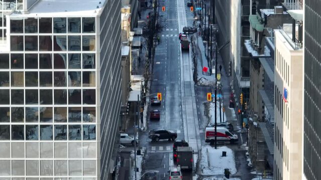 Aerial cinematic downtown Toronto TD BMO Financial district 8