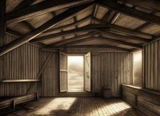 The interior of an old wooden rural outbuilding or shed with atmospheric sunlight coming through the open door and window. generative ai art