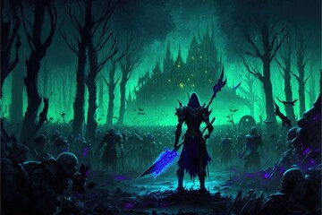 Orcs fighting with elves. Ferocious battle of night elves and orcs in forest under the moonlight , digital art style, illustration painting - obrazy, fototapety, plakaty