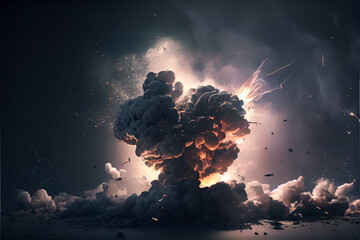 Fiery bomb explosion with sparks and smoke. Huge, extremely hot explosion with sparks and hot smoke, against black background. Ai generated. - obrazy, fototapety, plakaty
