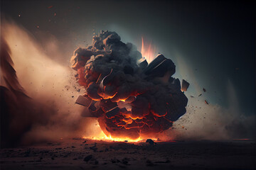 Fiery bomb explosion with sparks and smoke. Huge, extremely hot explosion with sparks and hot smoke, against black background. Ai generated. - obrazy, fototapety, plakaty