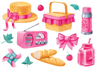 Set of hand-drawn, watercolor isolated picnic elements hat, basket, radio, lemonade, thermos, bread, bow, raspberry, leaves and swirl wind