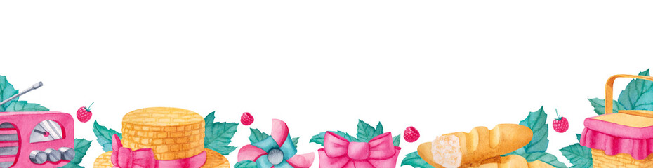 Long rectangular banner border with watercolor raspberry, leaves, radio, hat, bread and basket