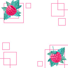 Square banner border with geometry and watercolor raspberry and leaves