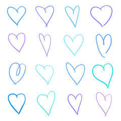 Colorful hearts on isolated white background. Hand drawn set of love signs. Unique abstract image for design. Line art creation. Colored illustration. Sketchy elements for artworks