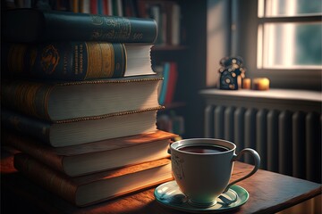  a cup of coffee sits on a table next to a stack of books and a clock in a dark room with a window and radiator in the background, and a radiator.