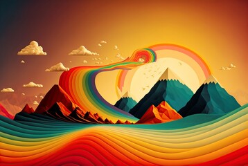 colorful fantasy landscape with meadows, mountains and rainbows, created using Ai generative technology