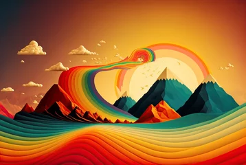 Tuinposter colorful fantasy landscape with meadows, mountains and rainbows, created using Ai generative technology © Jorge Ferreiro