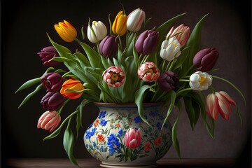  a painting of a vase filled with flowers on a table top with a dark background behind it and a black wall behind it, with a white border, and a blue border with a.