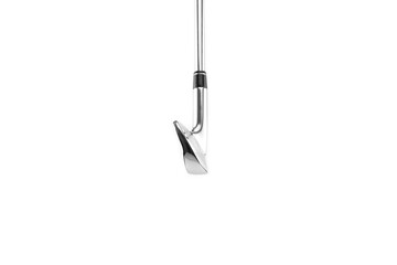 Single golf club head, close up, photographed side-on, isolated on a white background.