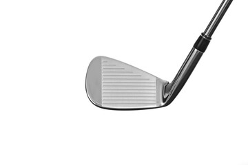 Golf club head close-up, isolated, face on. Photographed on a white background.