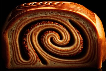  a loaf of bread with a spiral design on it's side, on a black background, with a black background and a black background with a light reflection of a slice of bread.