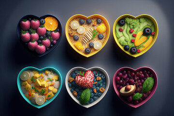 Set of heart shaped bowls with healthy food
