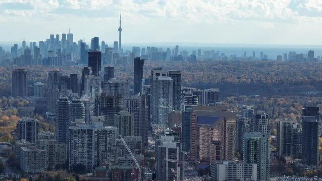 Aerial cinematic North York looking downtown Toronto 2