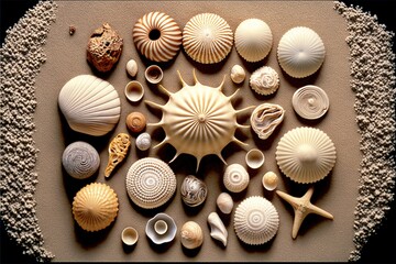  a group of sea shells on a sandy surface with a black background and a white border around them, all of which are different sizes and shapes and sizes, all of them are arranged in a.