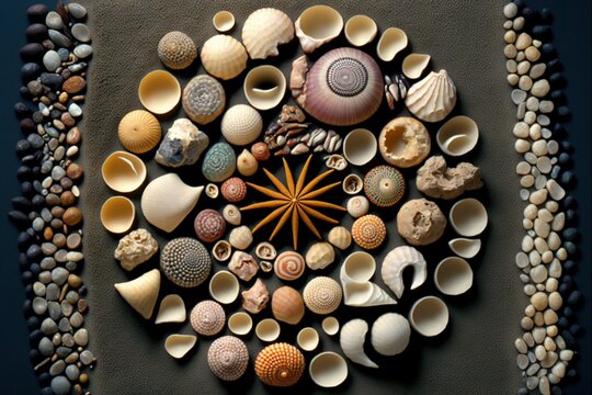  a picture of a bunch of shells arranged in a circle on a wall with a starfish in the middle of the picture and a starfish in the middle of the middle of the picture.