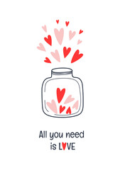 Postcard happy valentine's day or wedding. Vector composition with hearts in a jar.