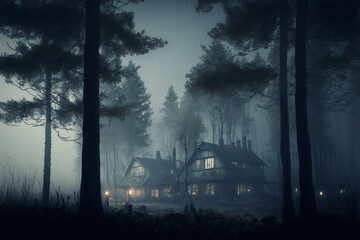 a tavern in a foggy medieval twilight forest village, created by a neural network, Generative AI technology