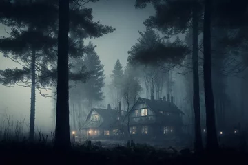 Fotobehang a tavern in a foggy medieval twilight forest village, created by a neural network, Generative AI technology © Alexander