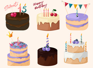 Set of festive decorated wedding or anniversary cakes. 