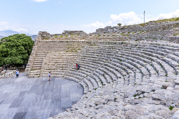 Segesta, Sicily, Italy - July 9, 2020: Ruins of the Greek Theater in Segesta, Sicily, Italy