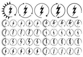 Naklejka premium Set electric car charging and renewable energy icons, graphic design template, lightning bolt, vector illustration